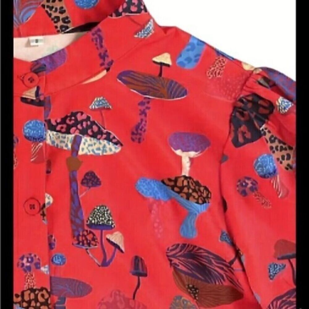 Red Animal Print Mushroom  Lantern Sleeve Mini Dress S - Picture 5 of 12